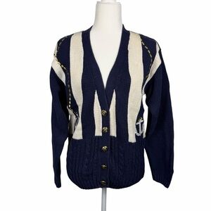 Vintage Women's Nautical Blue Cream Anchor Chunky Cardigan Sweater Petite Small